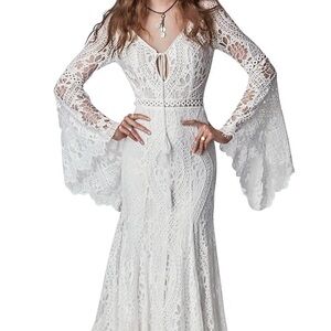 Boho White Lace Crochet Women Wedding or Rehearsal Dress